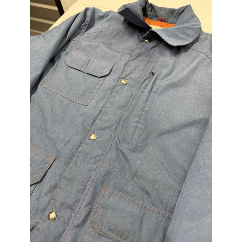 Vintage Sears Fieldmaster Work Jacket Blue Orange Lined Chest Pockets Snap Men L